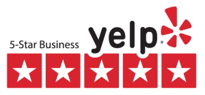 5-star rating graphic featuring five red stars and the Yelp logo for a 5-Star Business.